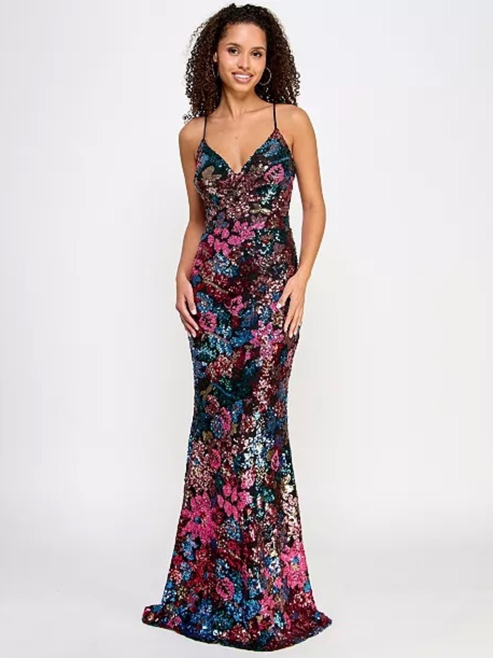 Crystal Ball V-Neck Floral-Sequin Lace-Up-Back Gown Size 9
